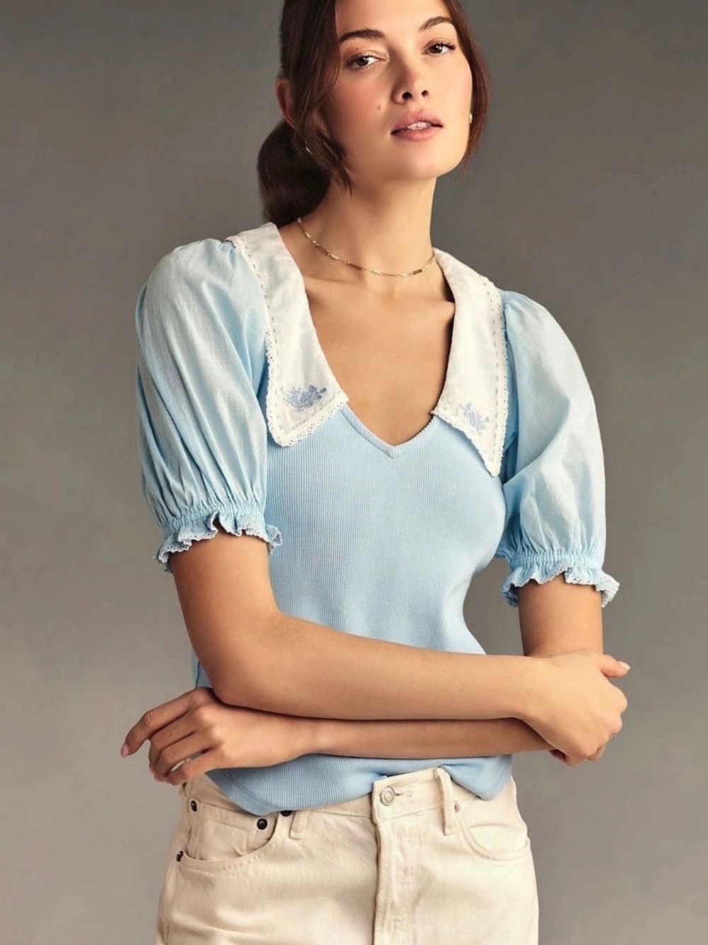 Anthropologie Puff Sleeve Collared Blouse in Blue & White Like New